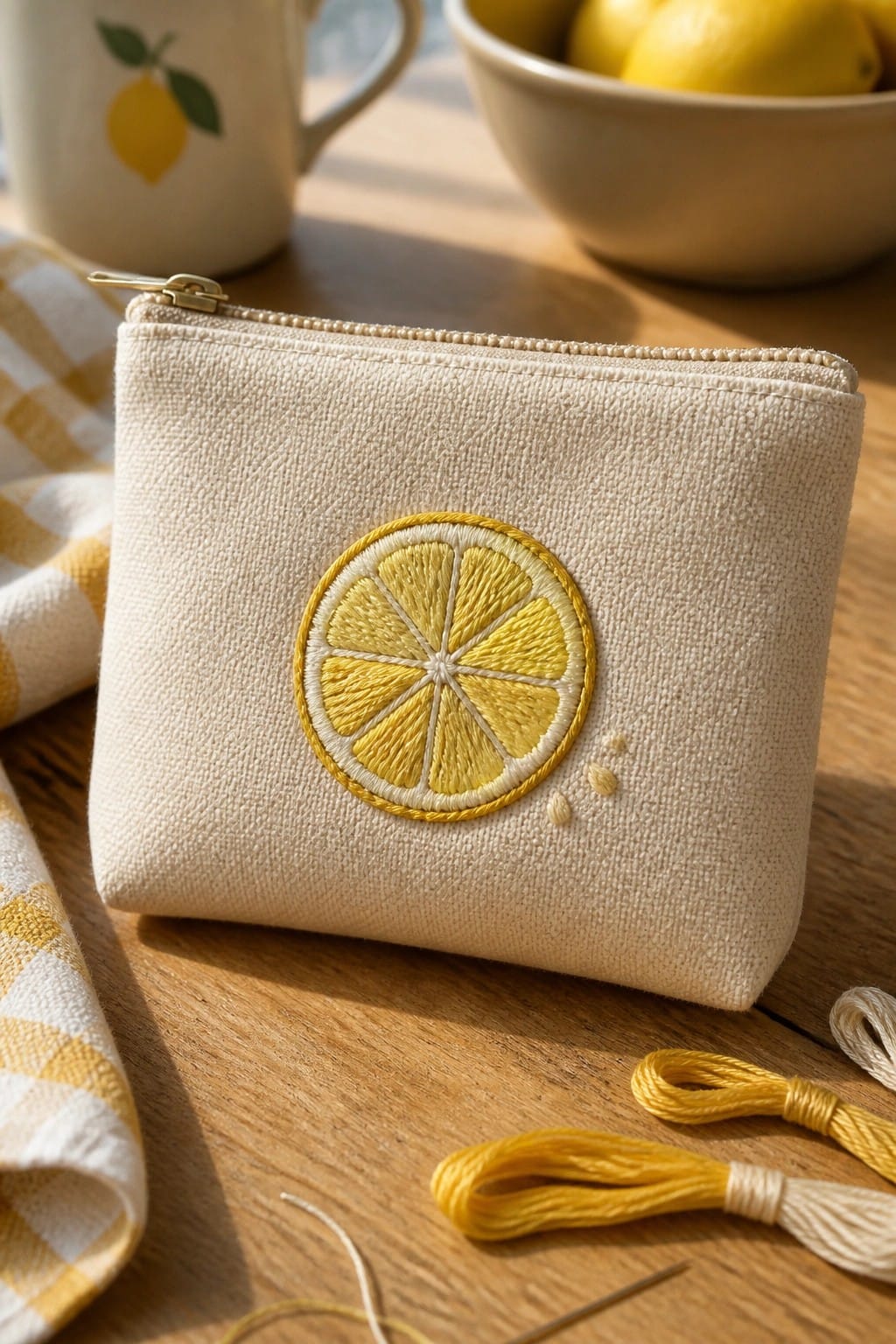 A small beige fabric pouch with yellow lemon slice embroidery and a zipper on a wooden table next to thread and a checkered cloth.