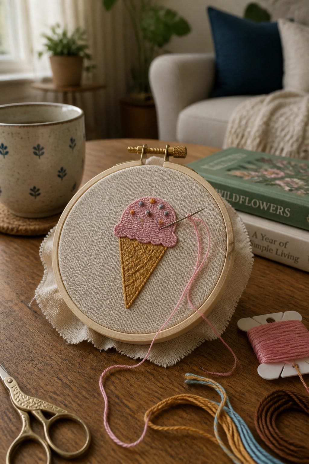 Embroidery hoop with pink ice cream cone, needle, and thread on wooden table