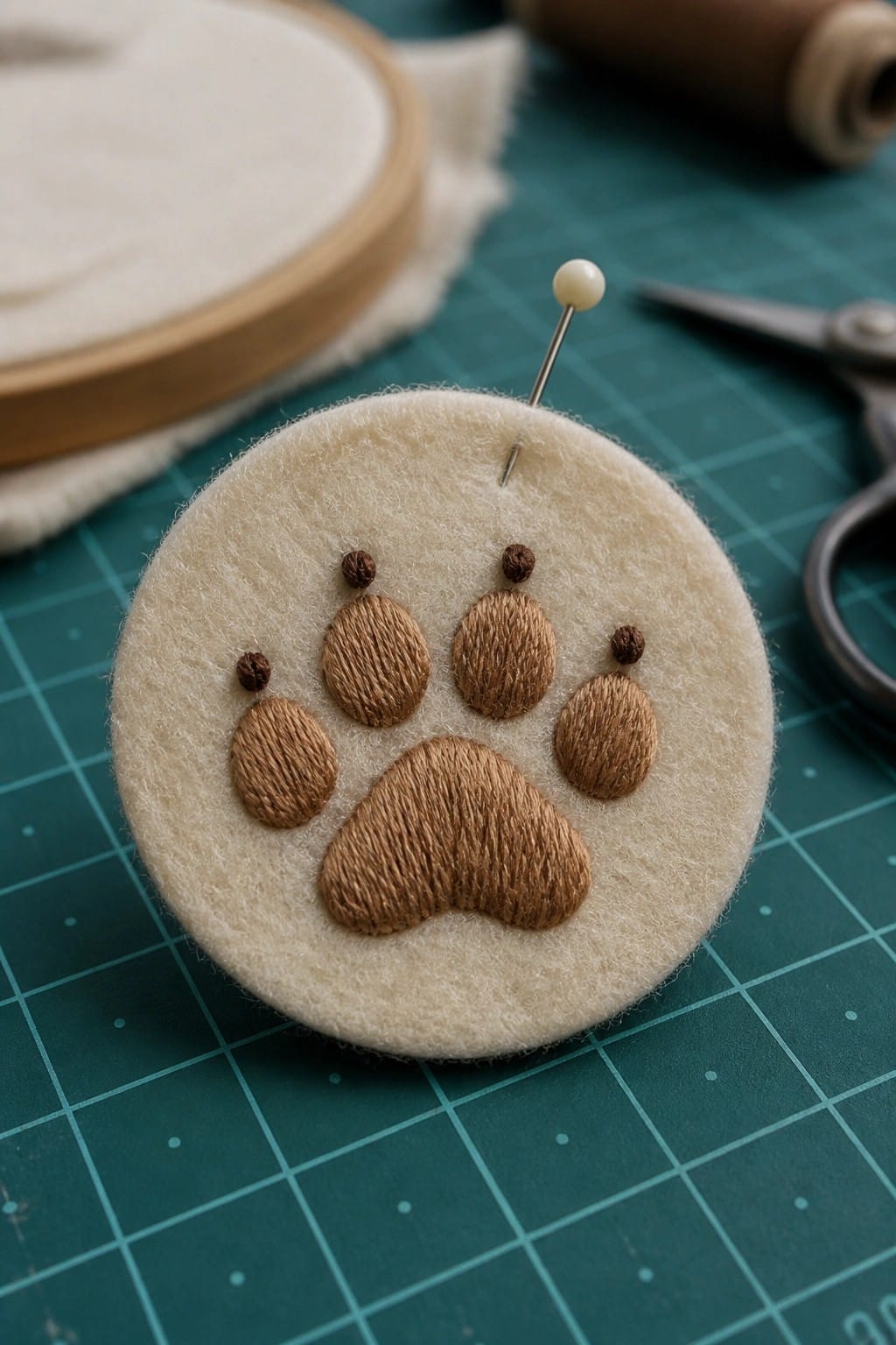 Embroidered brown paw print on cream felt circle with pin on green mat