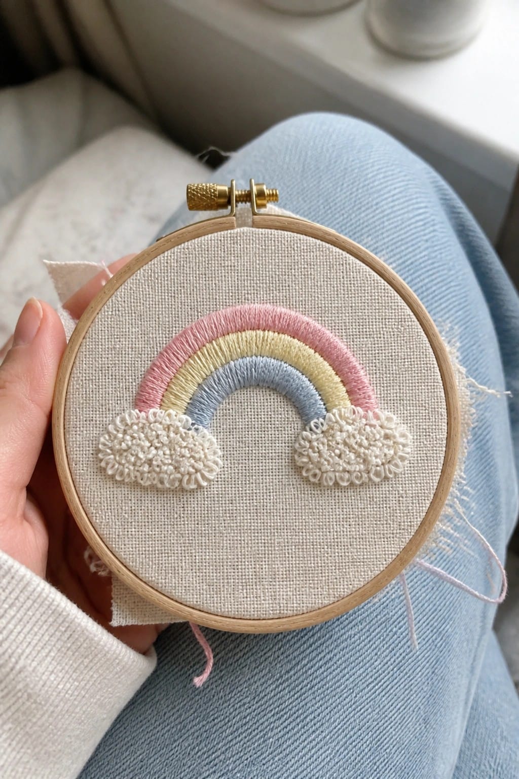 Hand holding wooden hoop with pastel rainbow and fluffy cloud embroidery