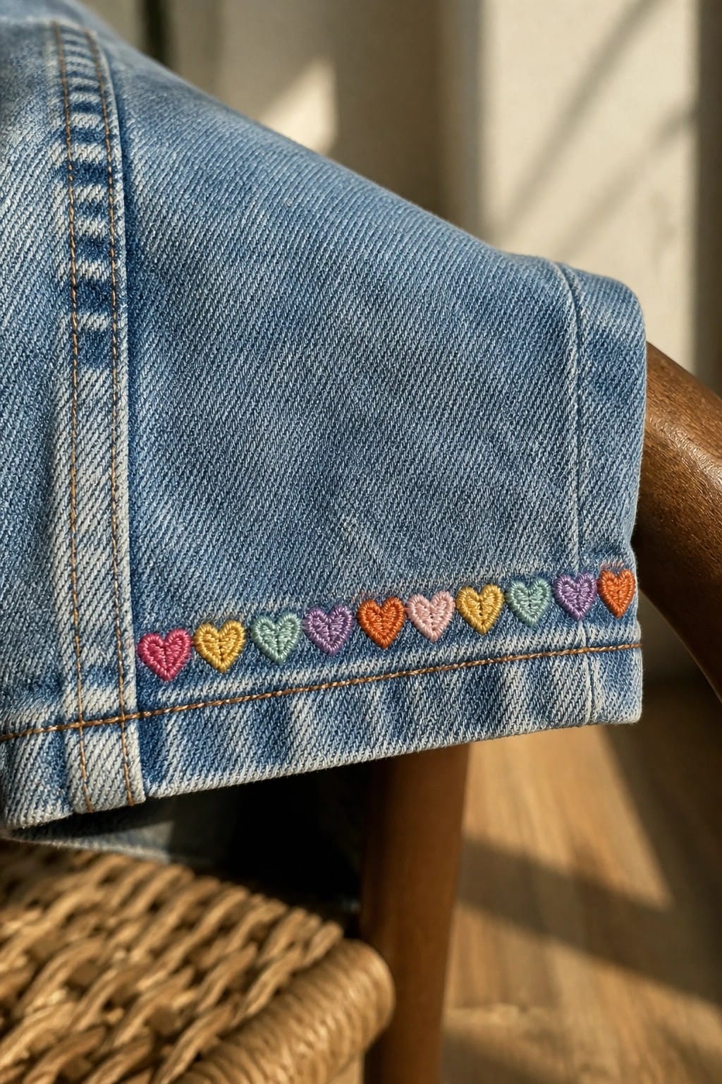 White ribbed cuff with gold crescent moon and star embroidery on blue jeans.
