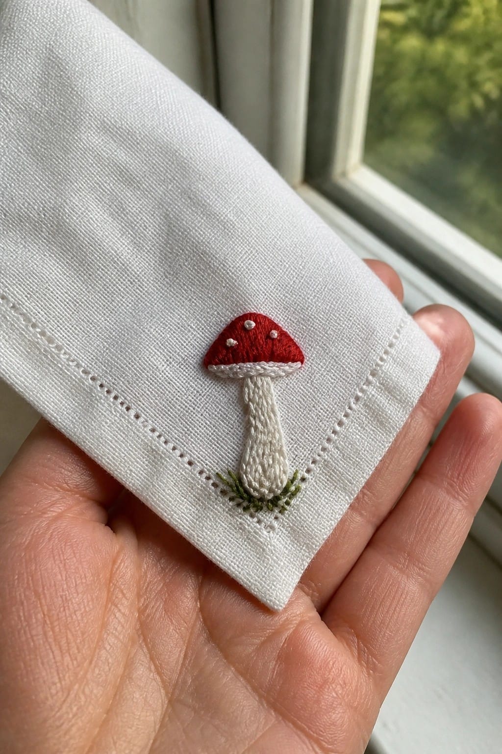 Hand holding white fabric with red mushroom embroidery near window