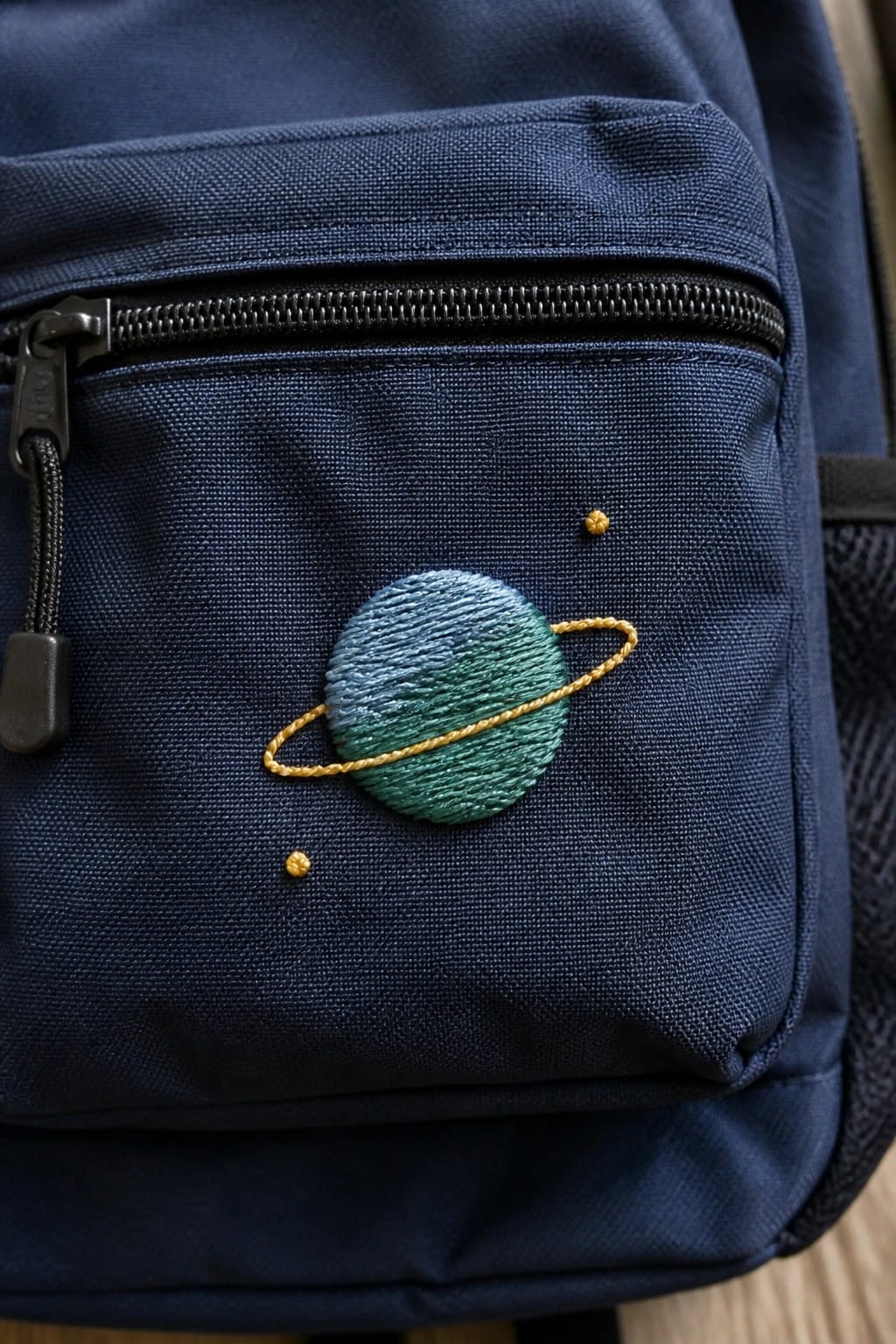 Close-up of a blue-green embroidered planet with gold ring and dots on a navy backpack pocket.
