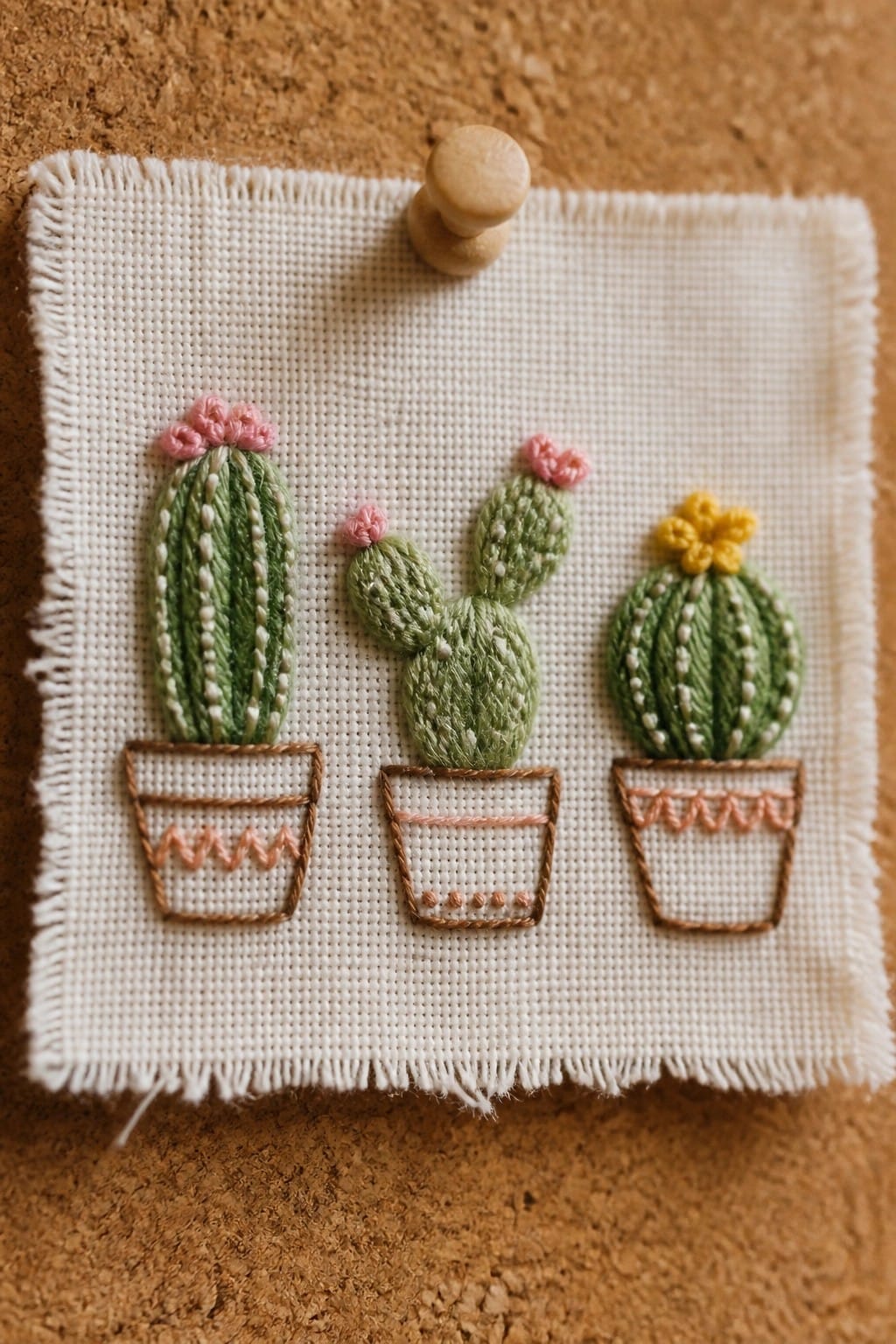 Three embroidered cacti in pots on white fabric pinned to corkboard.