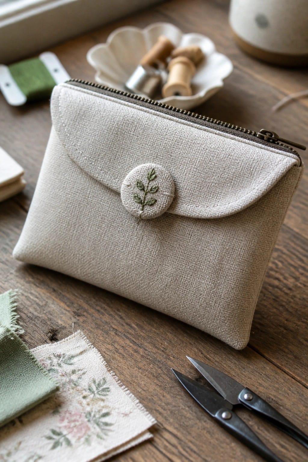 White towel embroidered with five colorful potted succulents over kitchen sink.