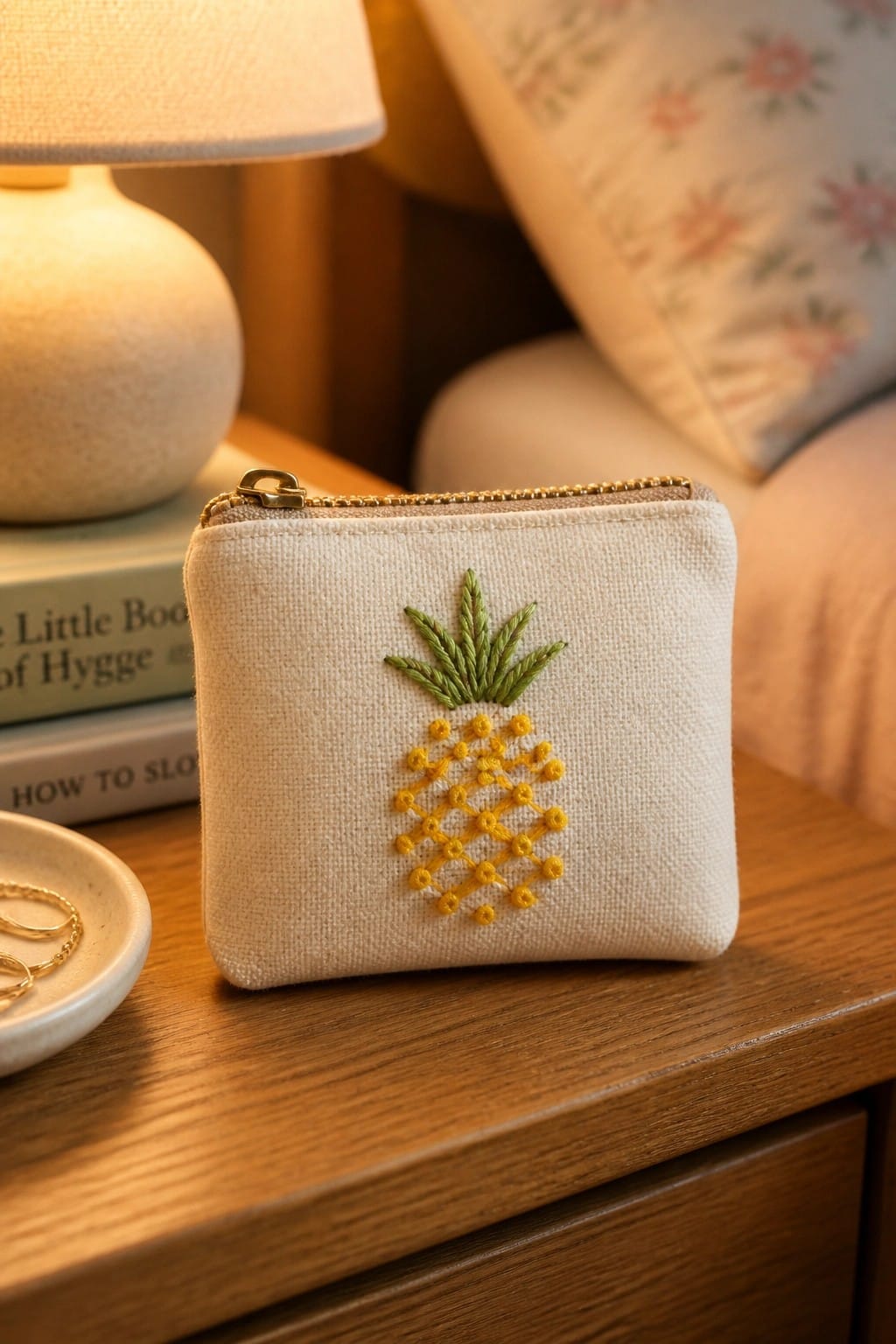 Smiling yellow-and-black embroidered bee with white wings on beige fabric patch.