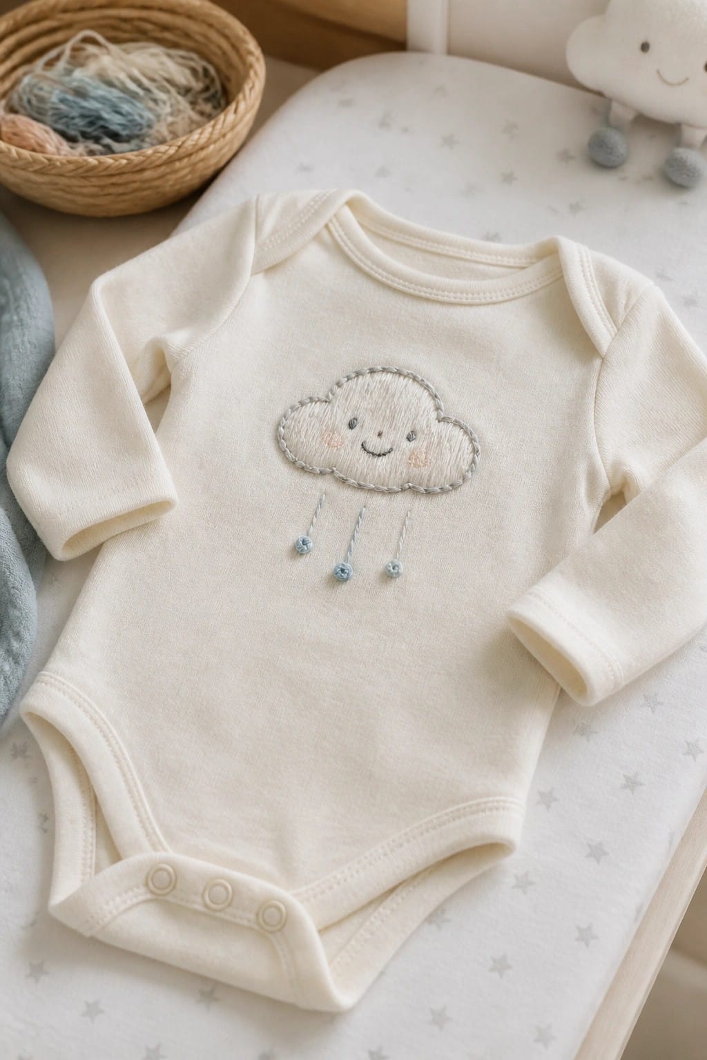 A hand holds a small embroidery hoop containing a hot air balloon stitched in pastel vertical stripes with a brown basket and blue cloud outlines on the fabric.