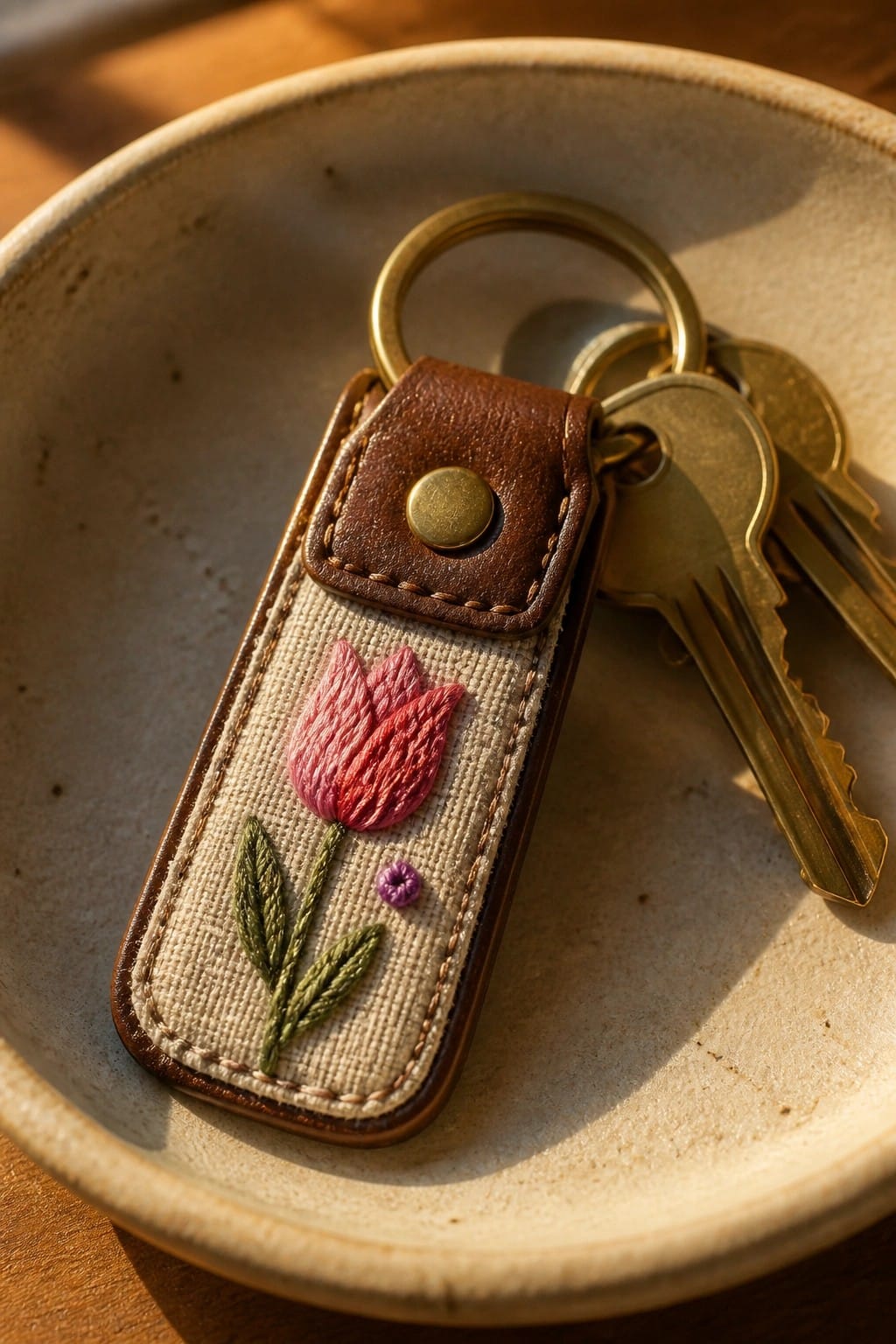 Brown leather keychain with pink tulip embroidery and brass keys in ceramic bowl.