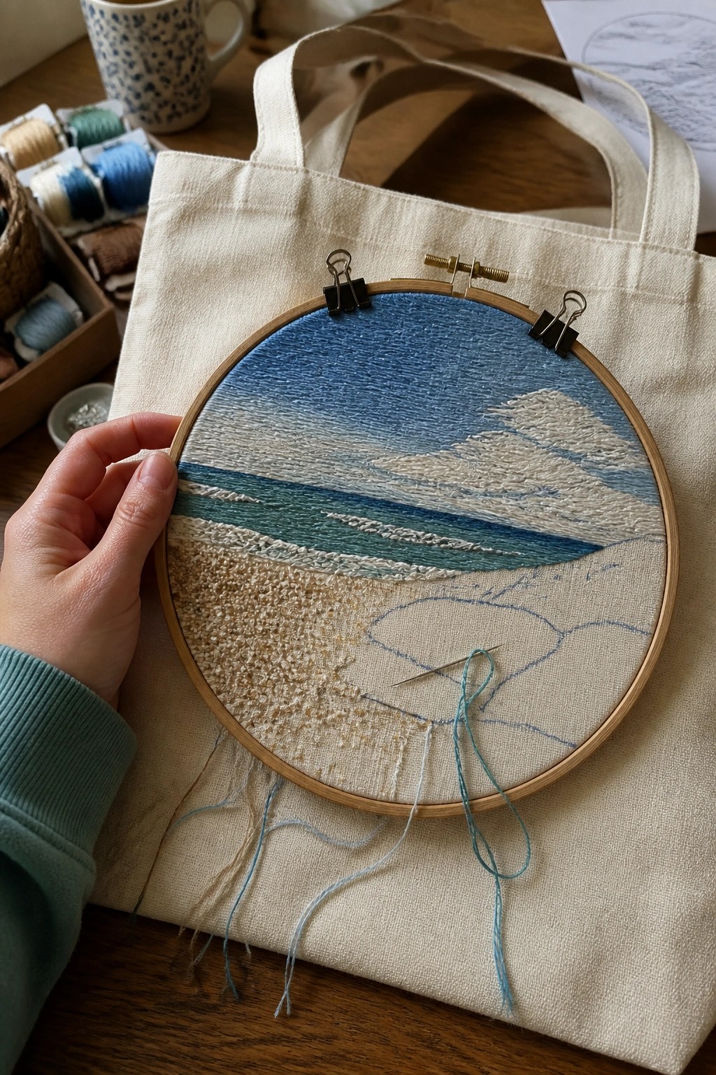 Hand holds embroidery hoop with blue and beige stitched ocean scene on canvas tote bag.