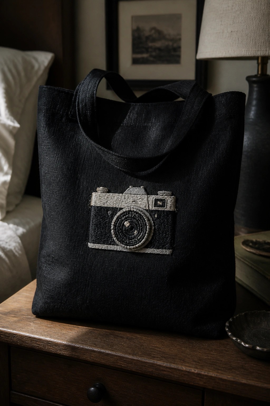 Black tote bag with embroidered camera on wooden table beside lamp and books