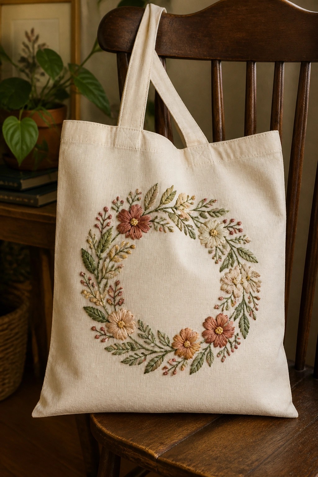 A cream tote bag with a circular floral embroidery wreath sits on a wooden chair.