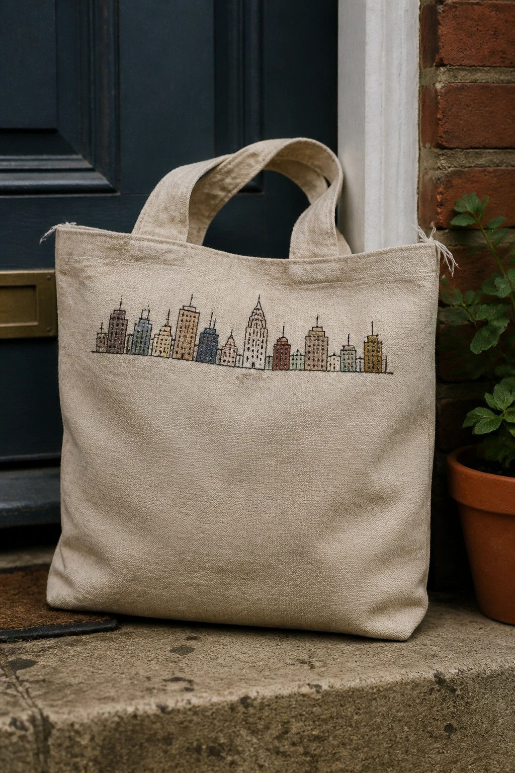A beige canvas tote bag with a colorful embroidered city skyline rests on concrete steps in front of a blue door.