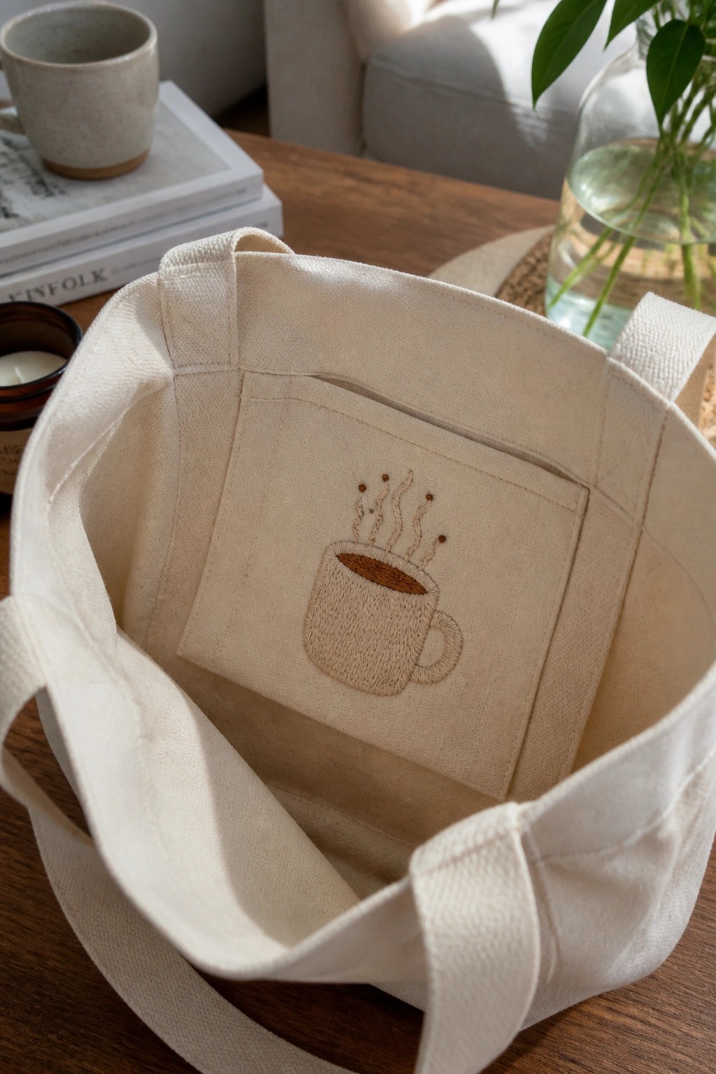 Close-up of an off-white canvas tote bag with a brown embroidered coffee mug and steam lines on the inner pocket.