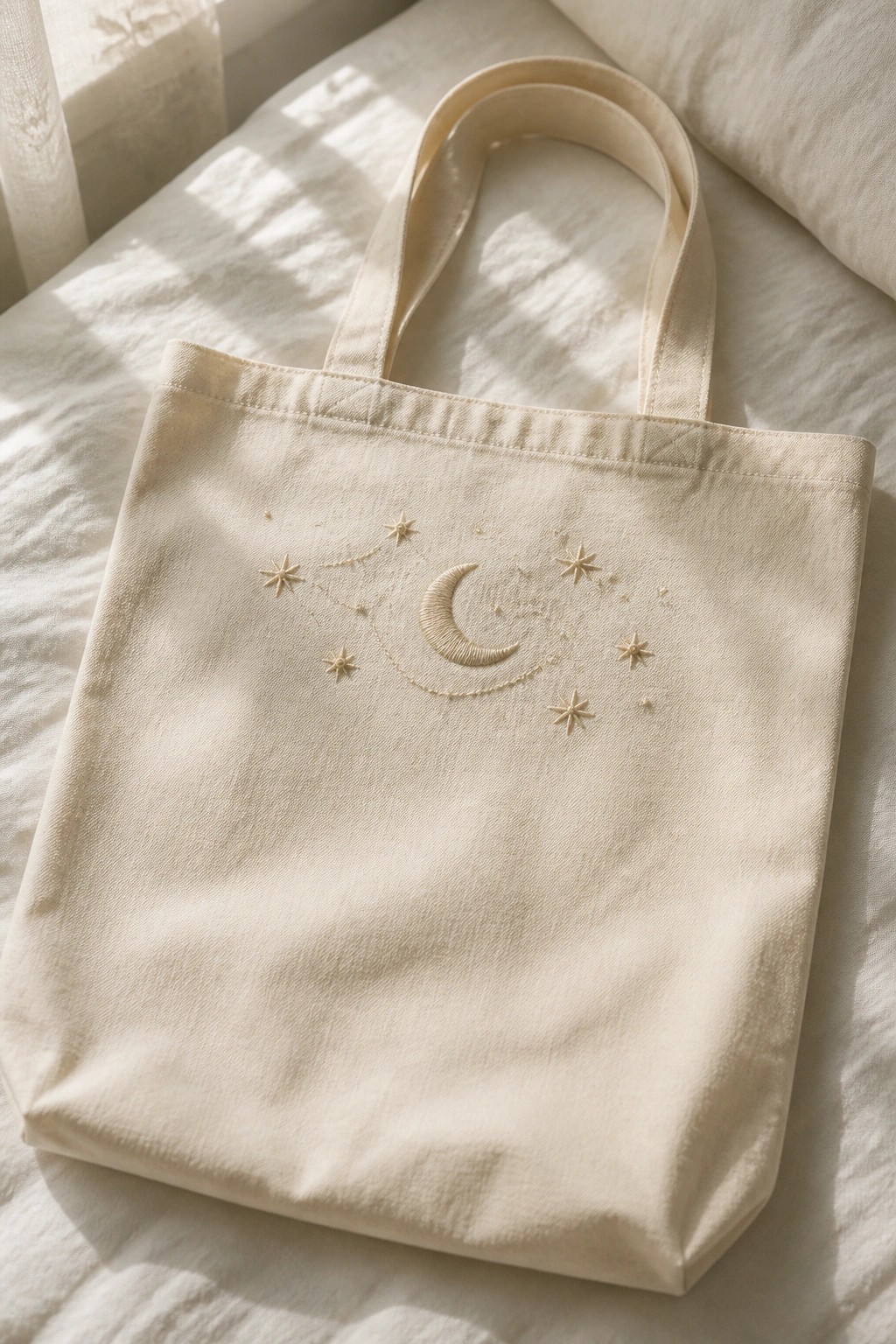 A cream tote bag with a light embroidered crescent moon and stars connected by dotted lines centered on the front.