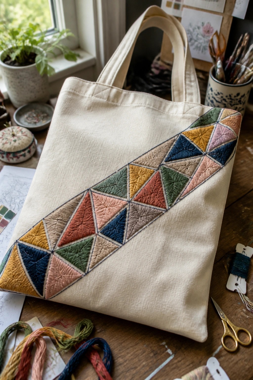 A beige tote bag with a diagonal band of multicolored embroidered triangles across the front.