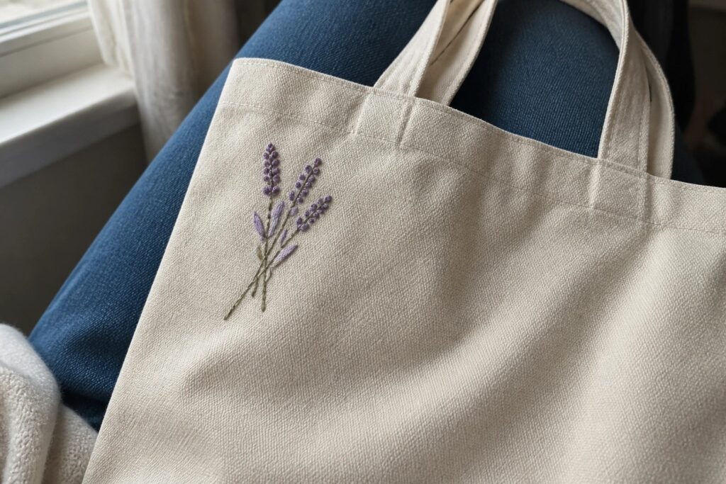 A canvas tote bag with purple and green embroidered lavender stems resting on blue jeans.