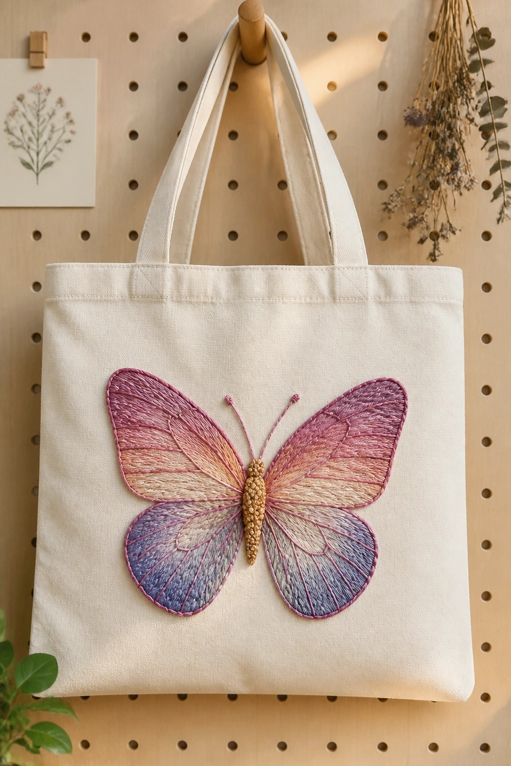 Canvas tote bag with pink-purple gradient embroidered butterfly on wooden pegboard hook