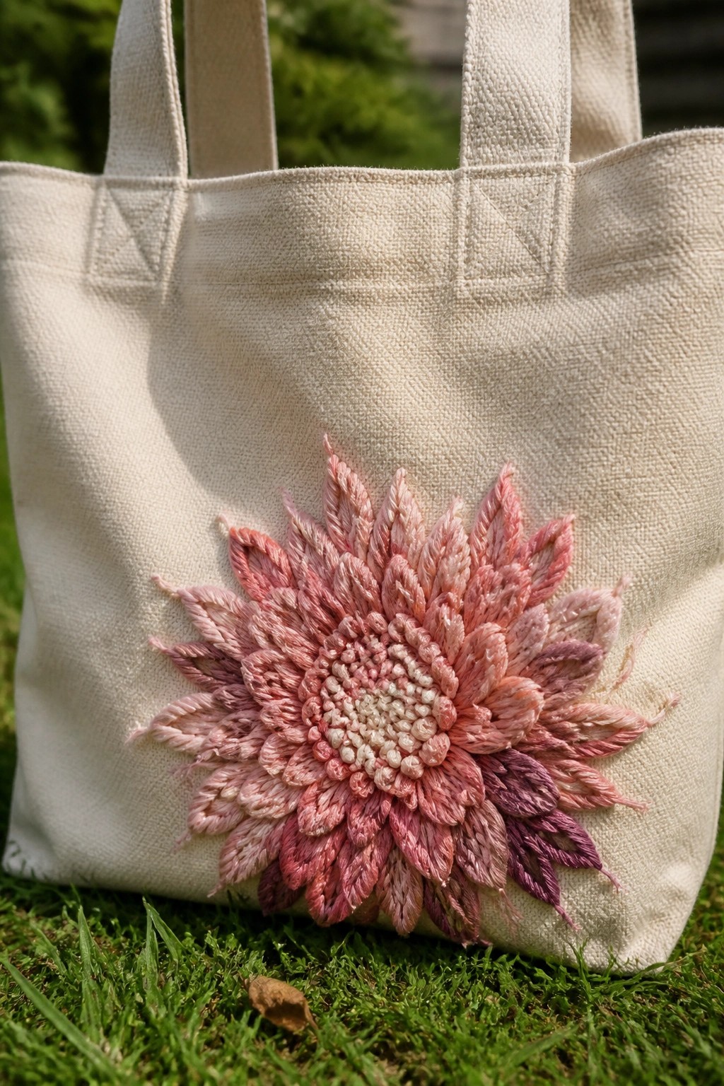 Cream canvas tote bag with large pink embroidered flower on green grass.
