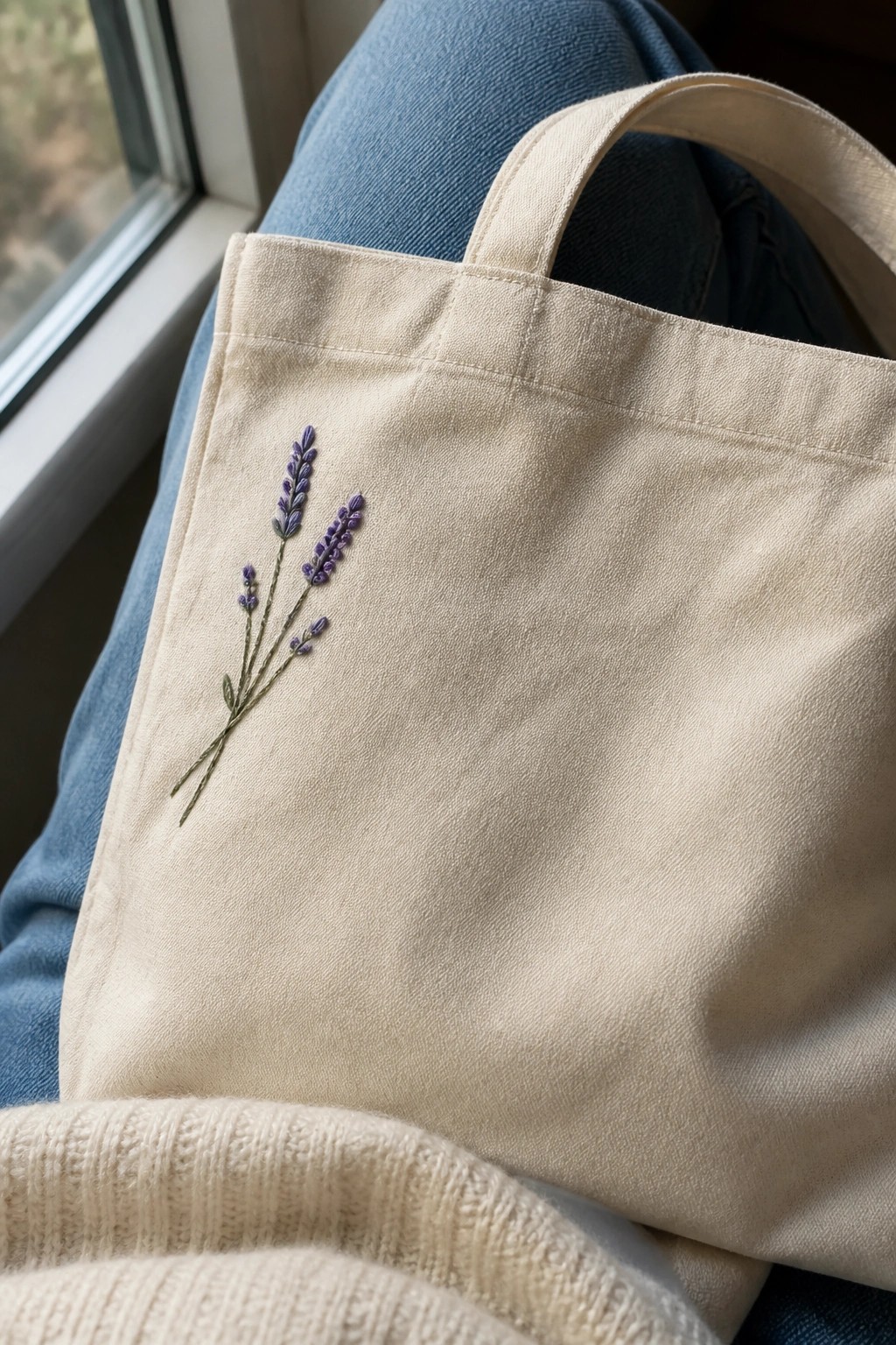 A canvas tote bag with purple and green embroidered lavender stems resting on blue jeans.