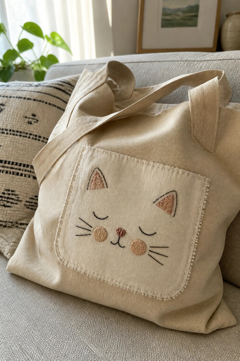 A beige canvas tote bag with an embroidered cat face on its front pocket resting on a couch.
