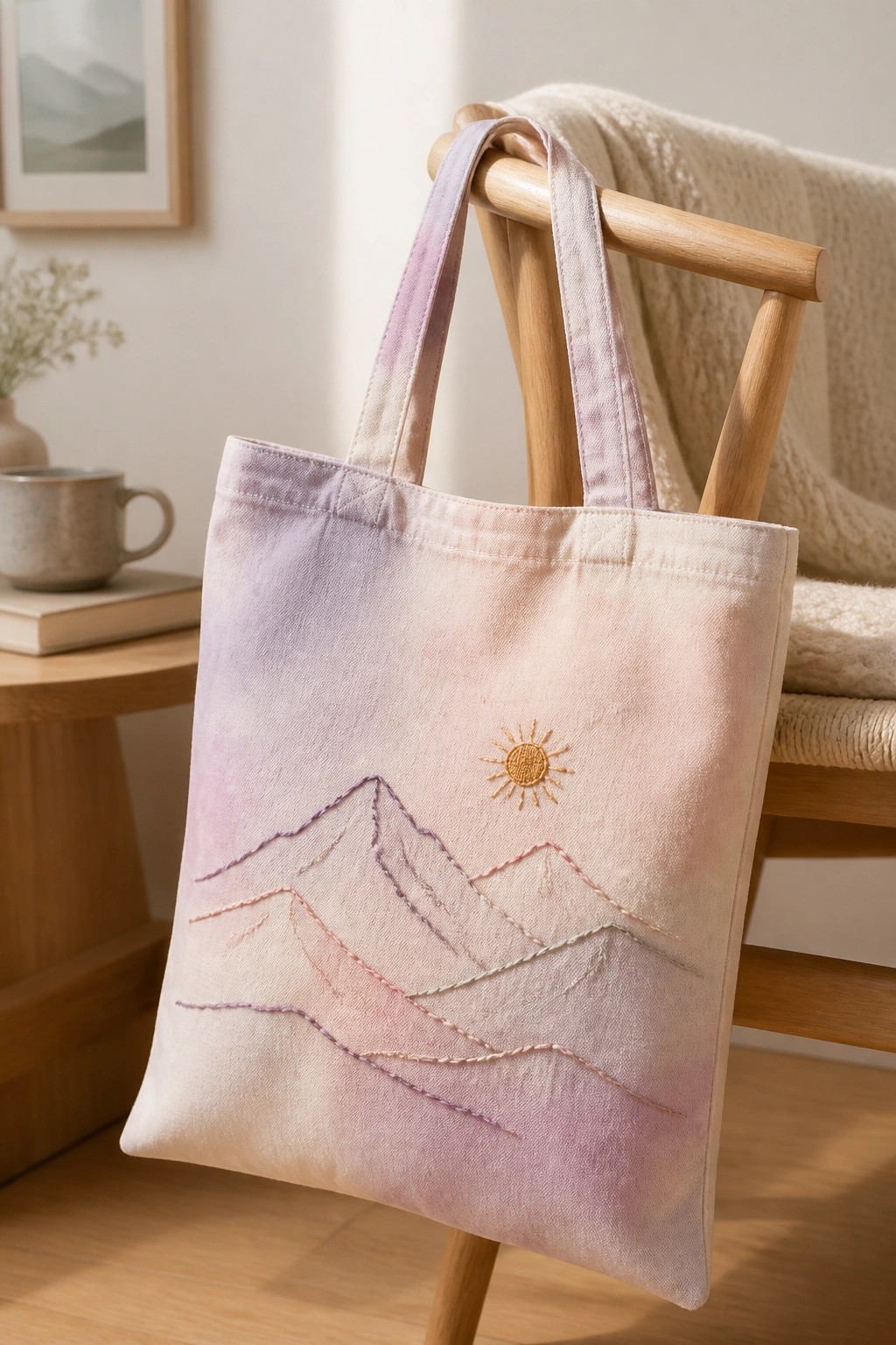 Pastel tie-dye tote bag with embroidered mountain peaks and a small sun above them.