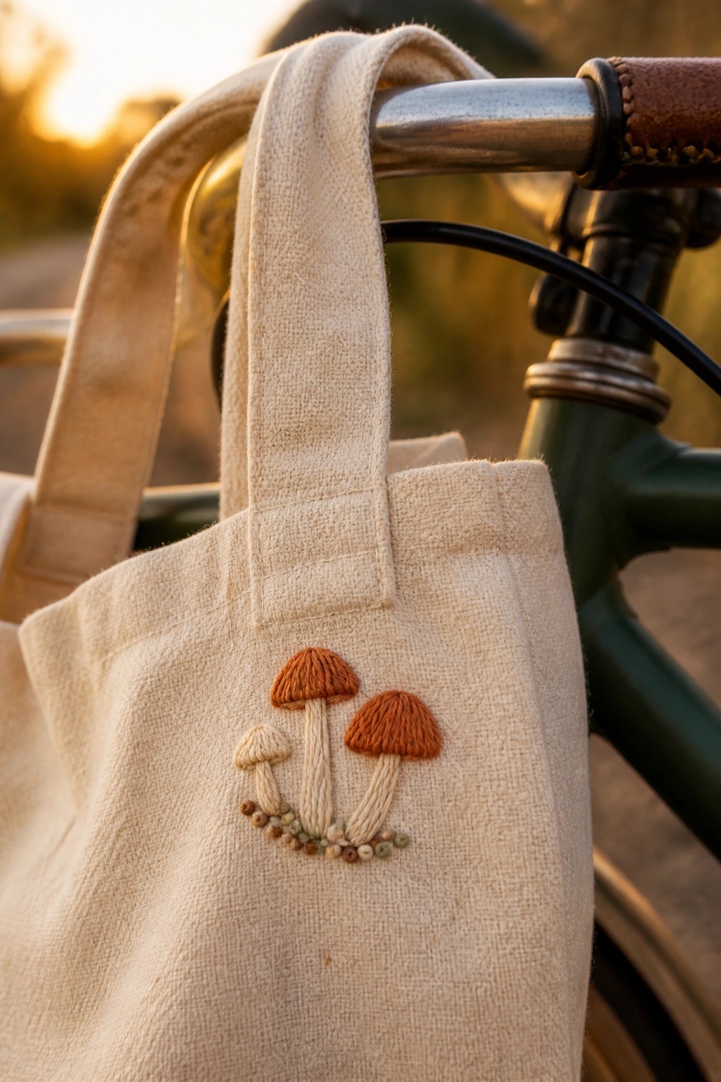 Beige tote bag with mushroom embroidery draped over bicycle handlebar at sunset