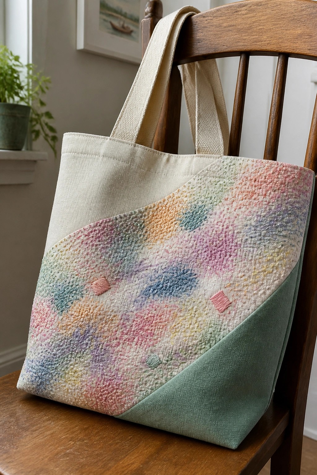 A canvas tote bag with a large diagonal panel of multicolored textured embroidery and a green fabric corner rests on a wooden chair.