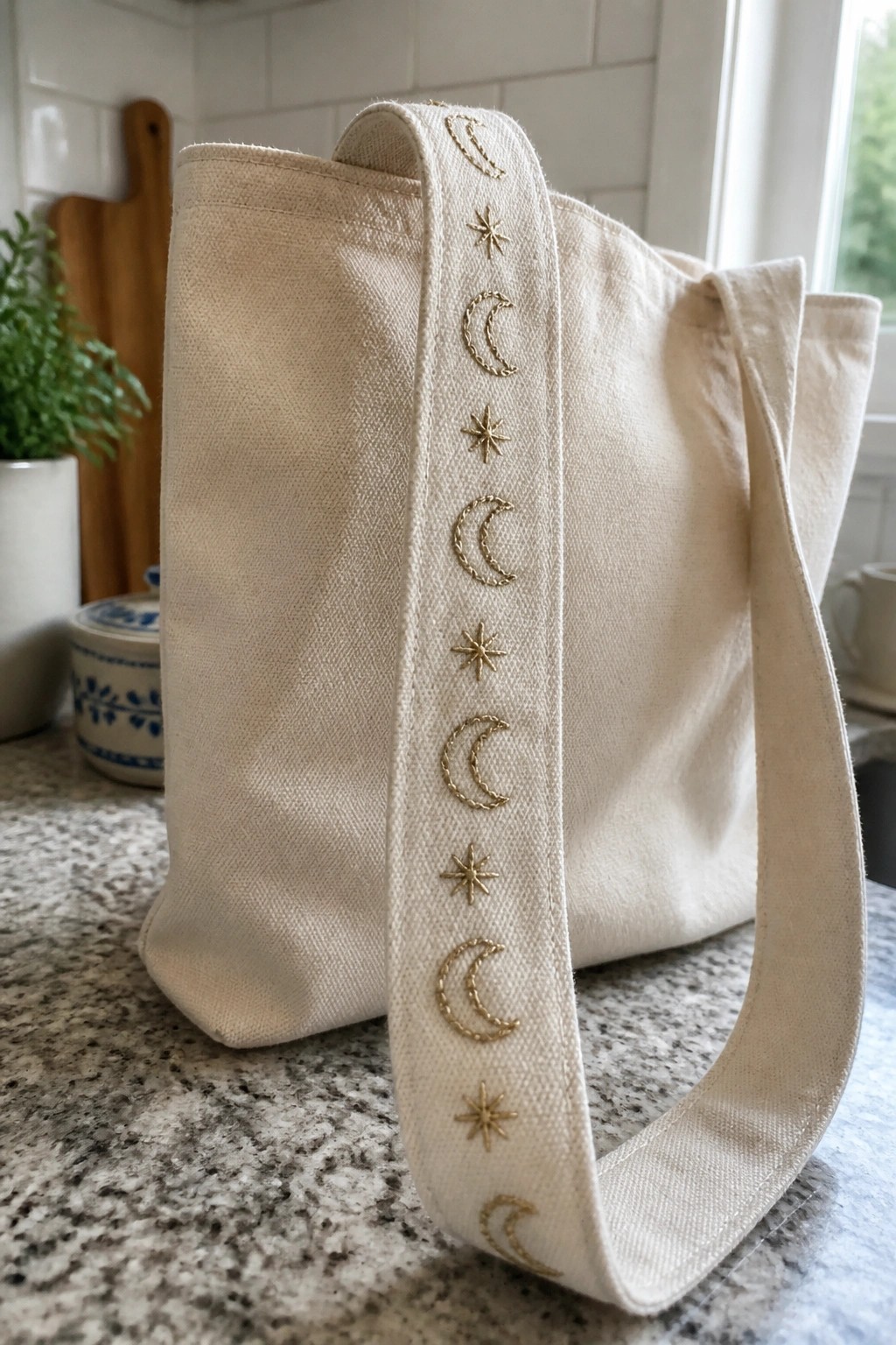 Canvas tote bag with a strap embroidered in a vertical row of gold crescent moons and stars.