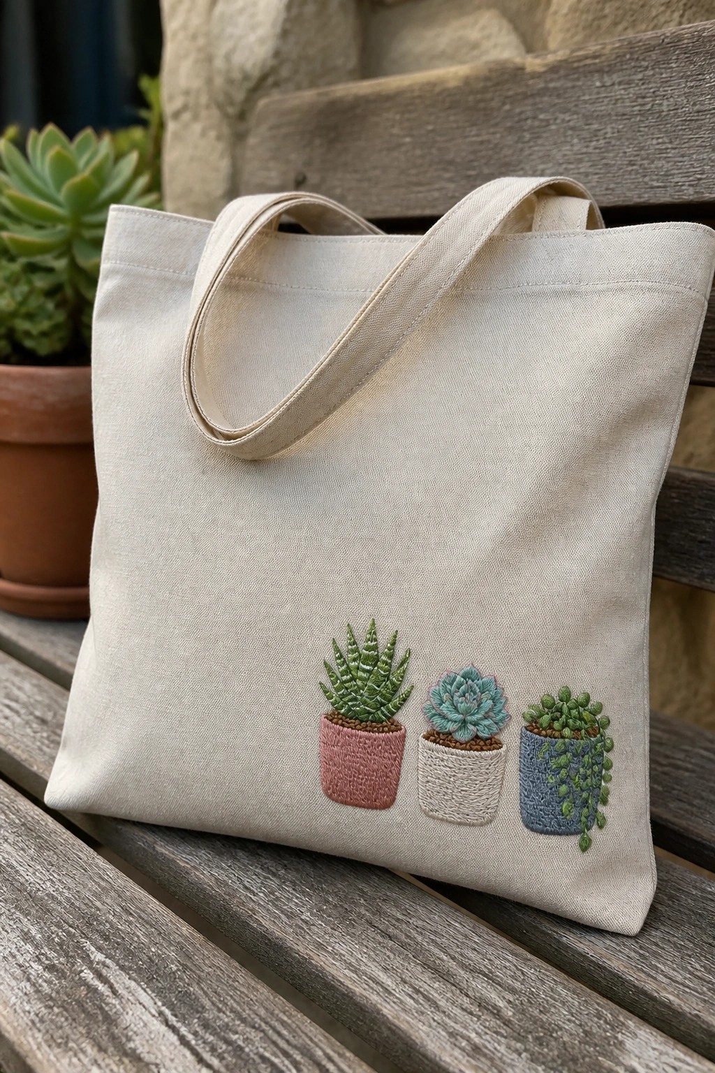 A beige canvas tote bag with three embroidered potted succulents in pink, white, and blue pots on the lower front.
