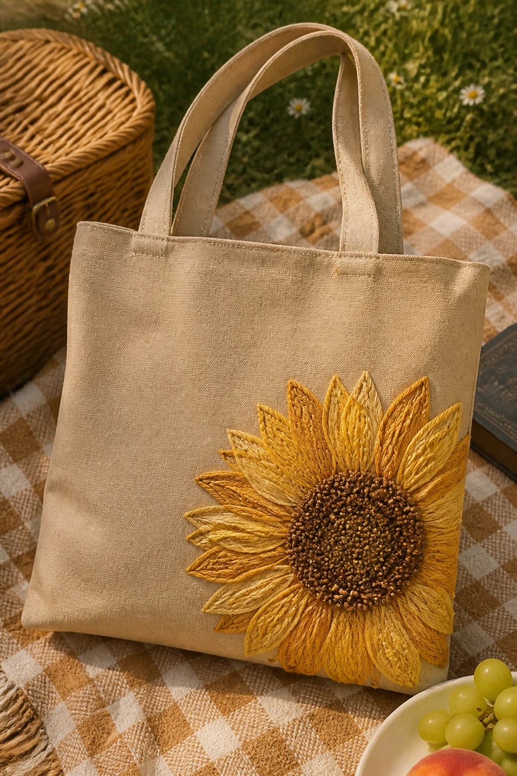 Beige tote bag with embroidered sunflower on checkered picnic blanket outdoors