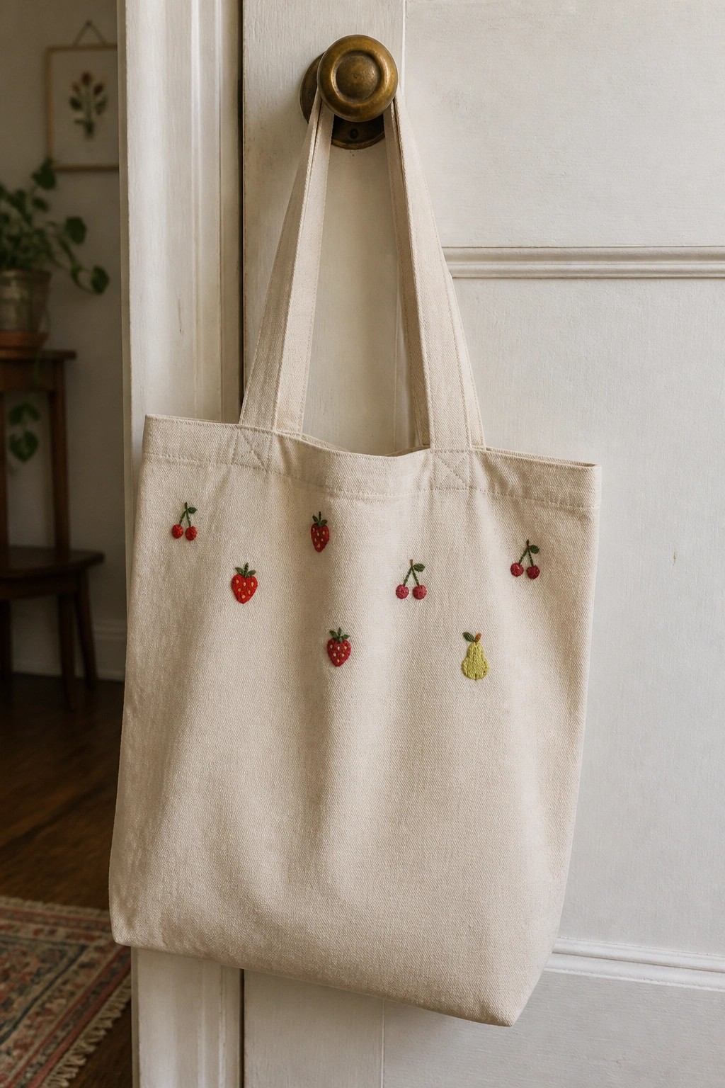 Cream tote bag with strawberry, cherry, and pear embroidery on brass doorknob