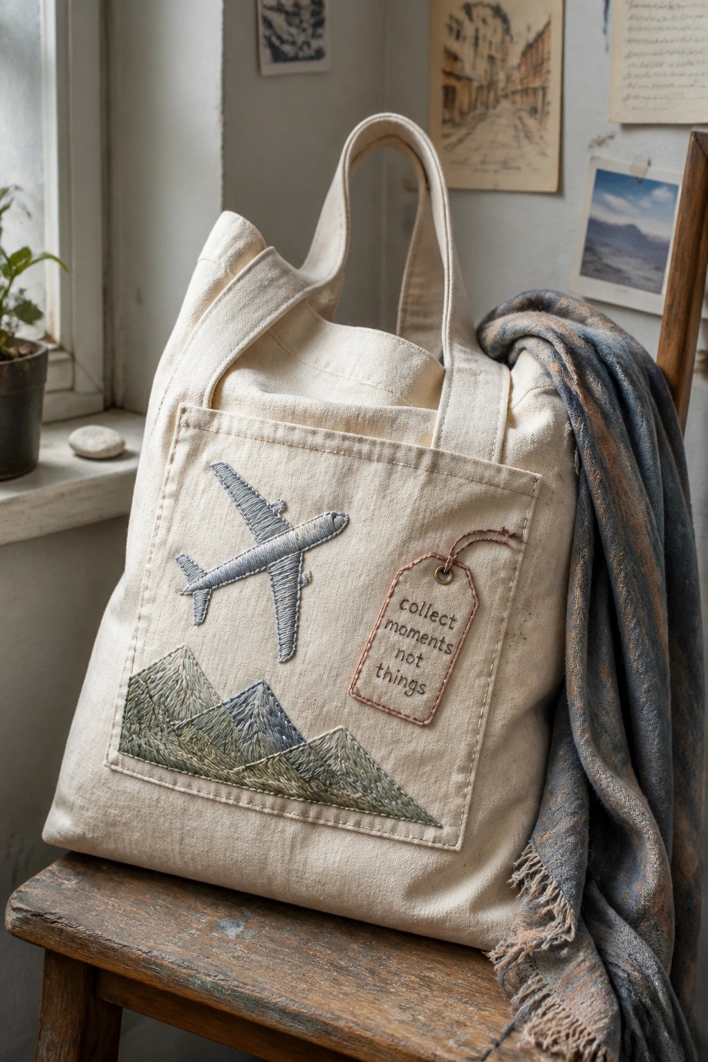 Beige embroidered tote bag with airplane and mountains on wooden stool with scarf