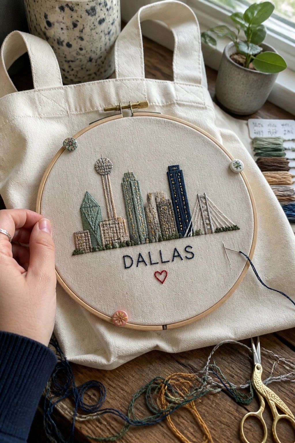 Hand holding hoop with embroidered Dallas skyline and heart on canvas tote bag.