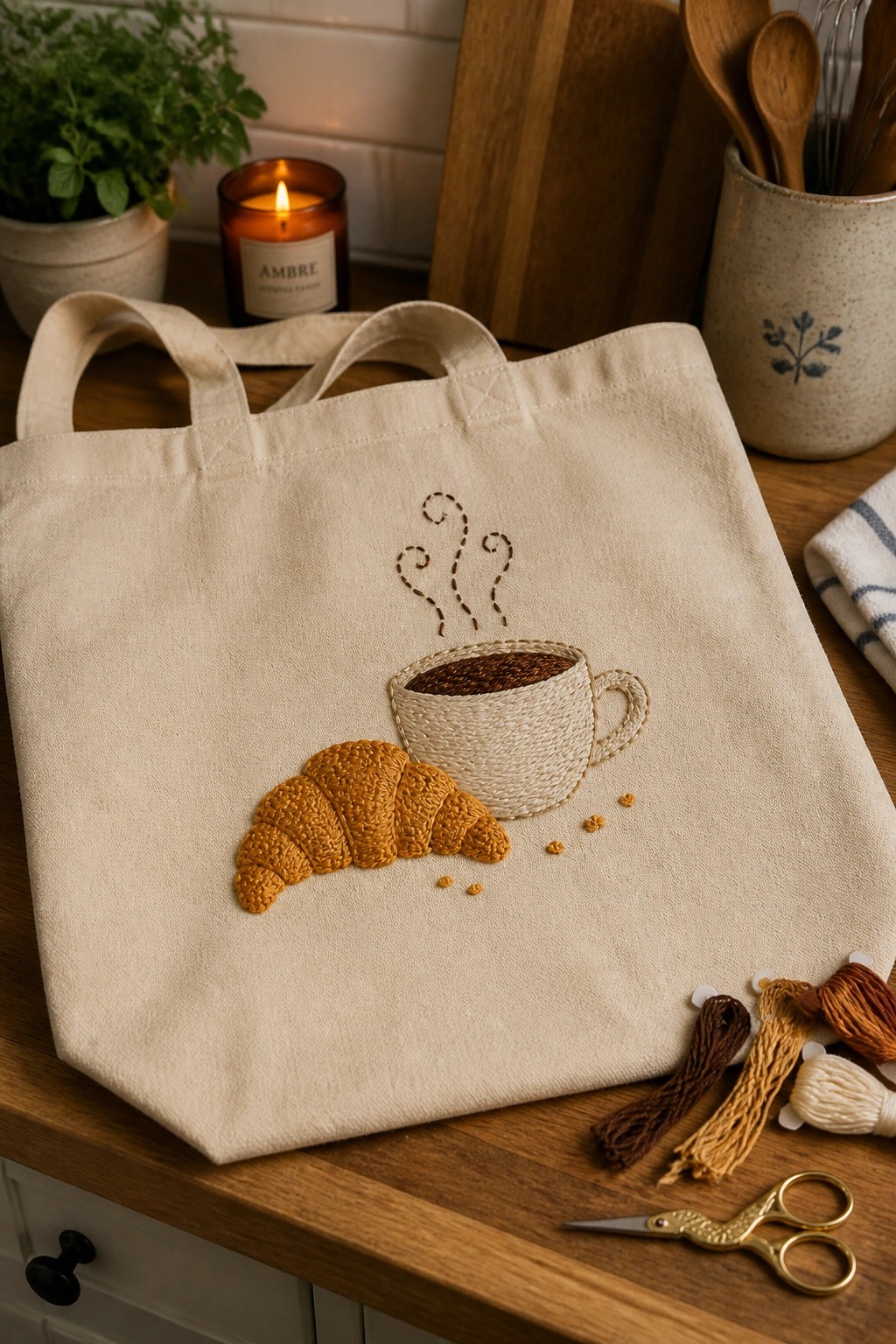 Embroidered beige tote bag with croissant, coffee cup, and steam on wooden table