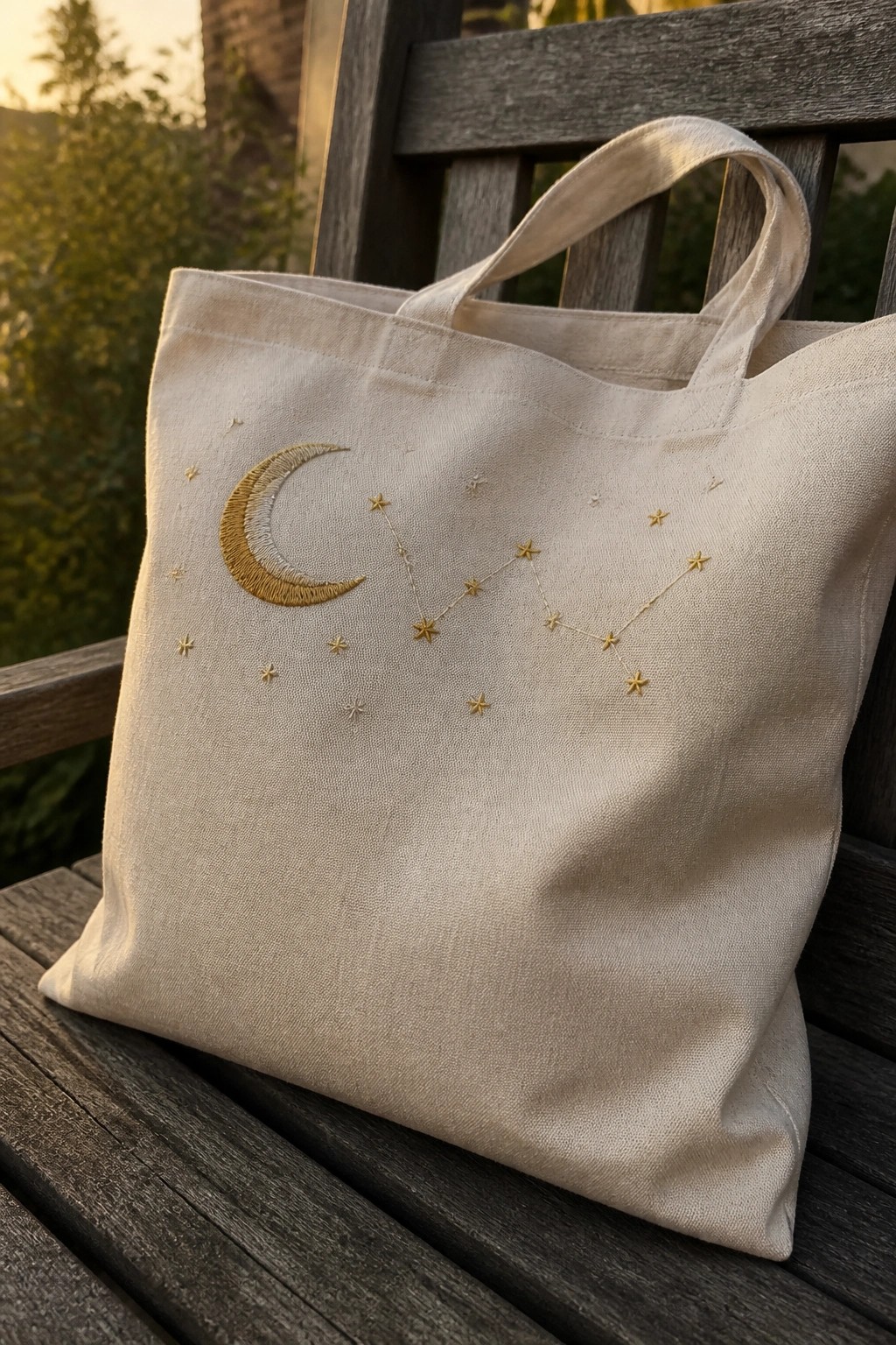 Beige canvas tote bag with gold crescent moon and star embroidery on wooden bench.