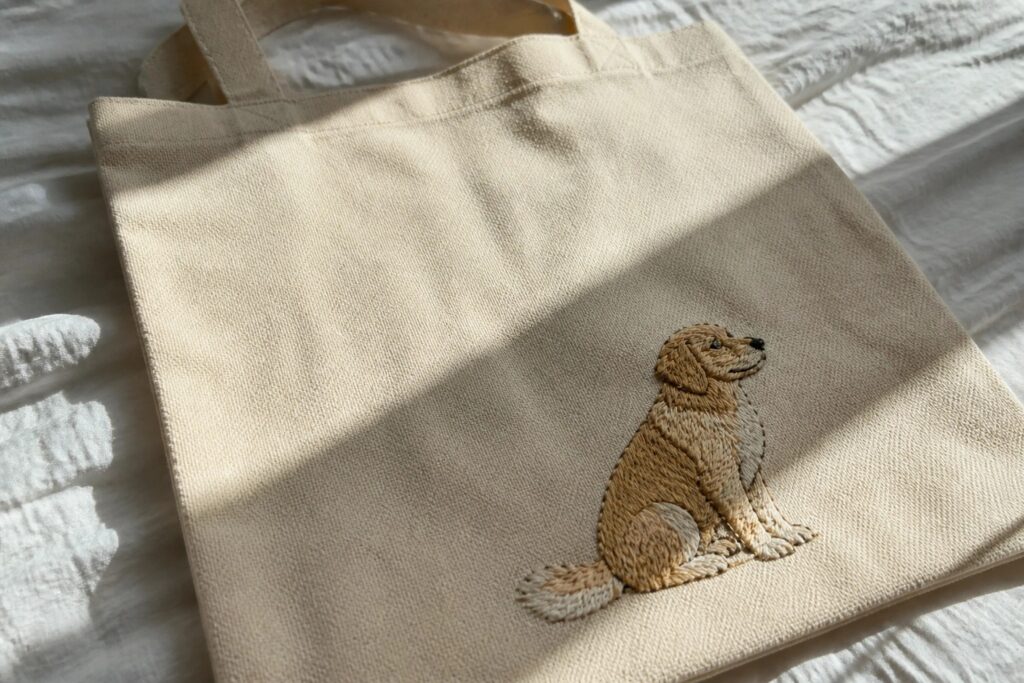 19 Clever Personalized Tote Bag Embroidery Ideas for Meaningful Handmade Gifts Beige canvas tote bag with a multicolored embroidered sitting dog on the lower right front.