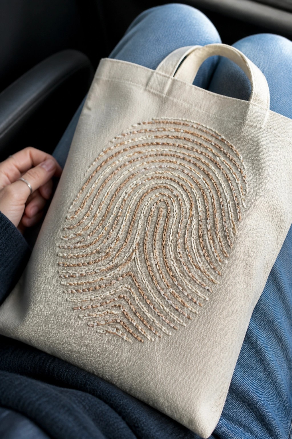 A beige canvas tote bag with a large fingerprint design embroidered in neutral threads rests on a person's lap wearing blue jeans.