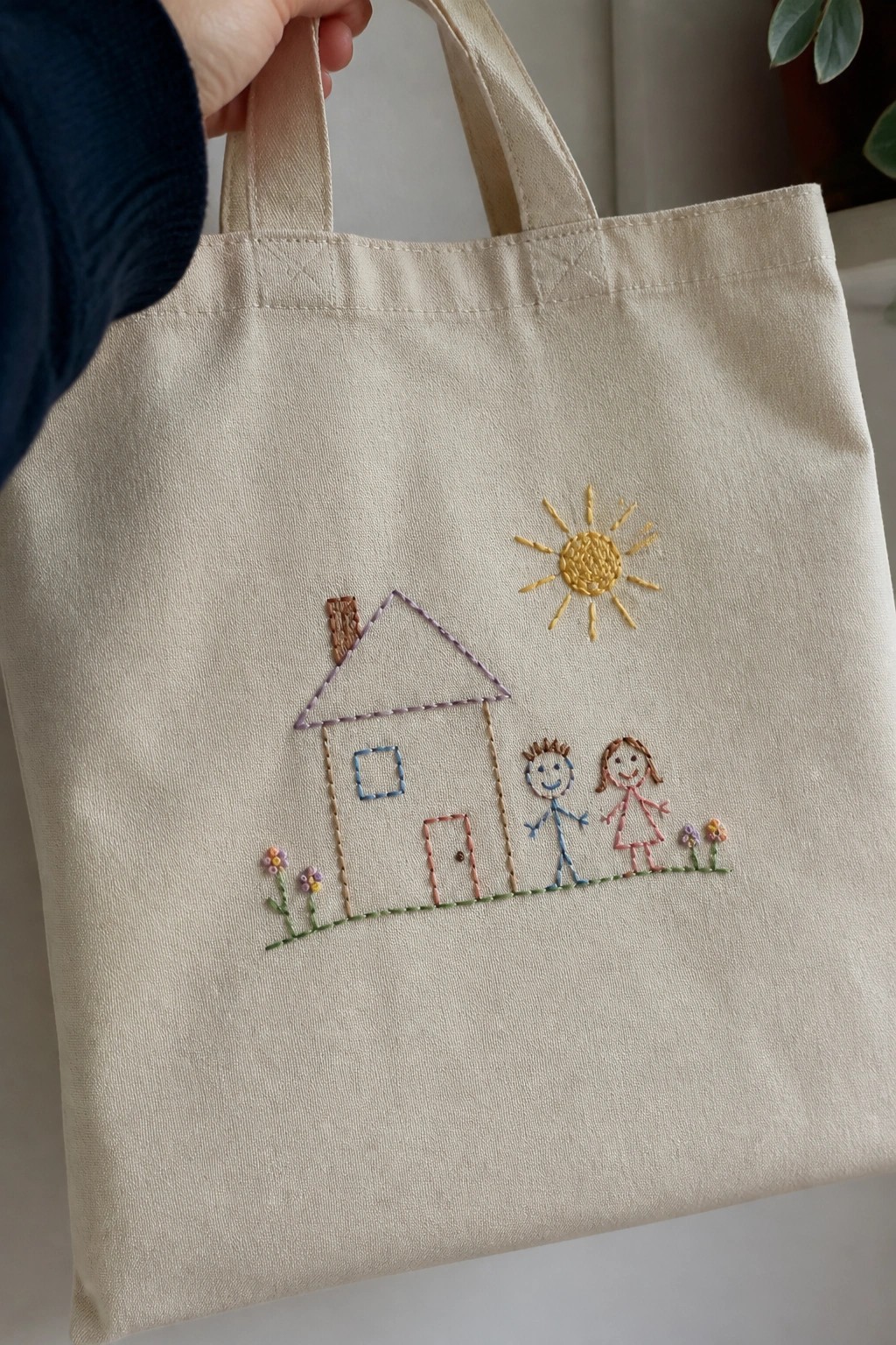Hand holding beige tote bag with embroidered house, sun, and stick figures.