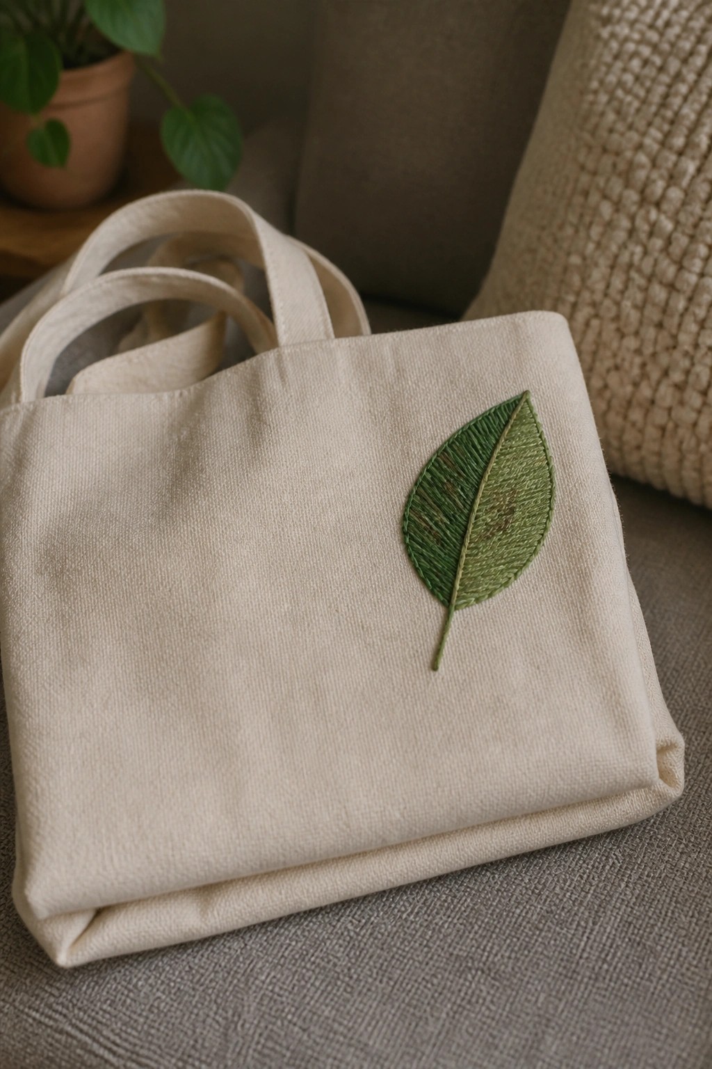 Cream canvas tote bag with green embroidered leaf on textured fabric surface.