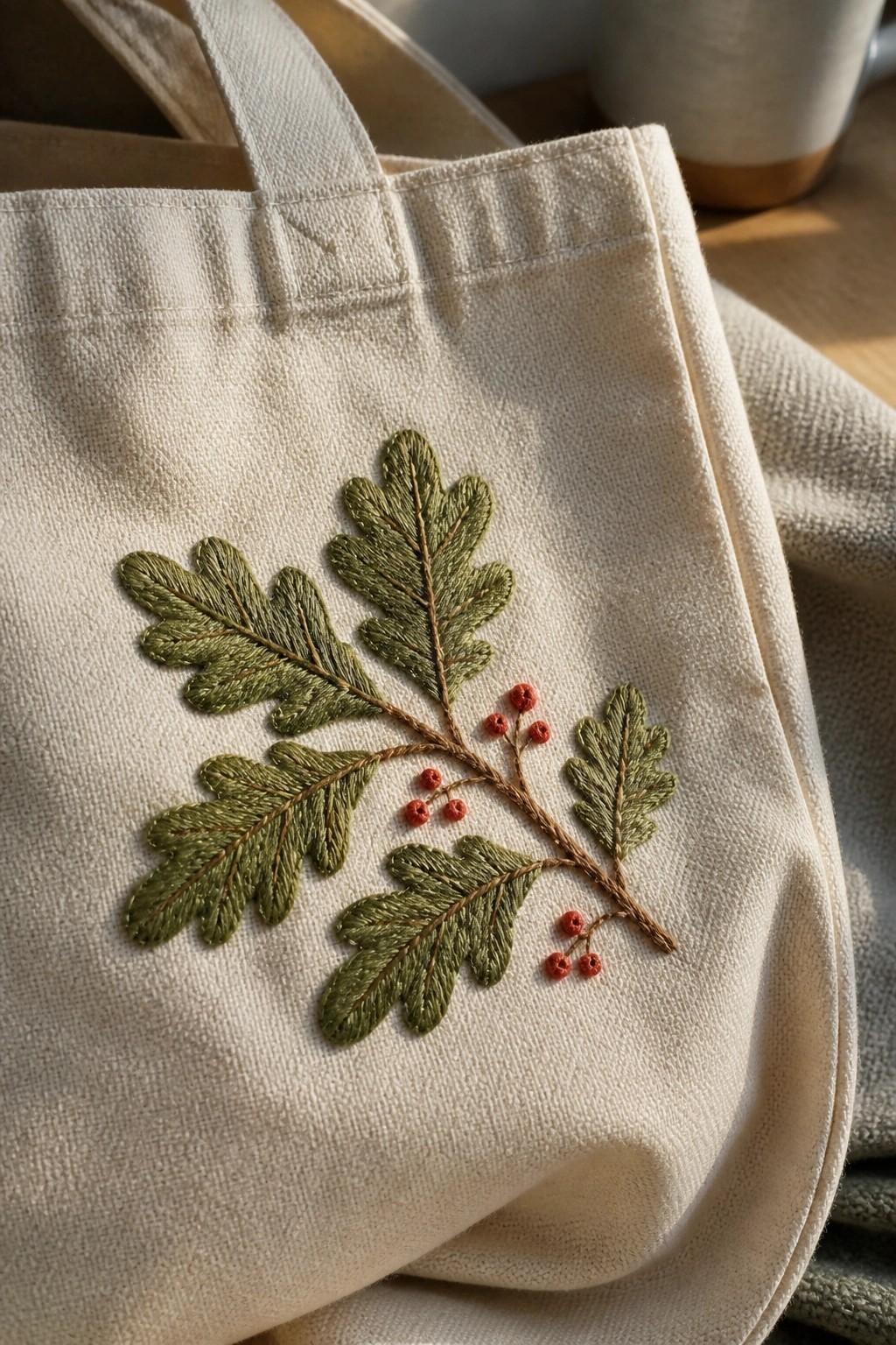 Cream canvas tote bag embroidered with green oak leaves and red berries.