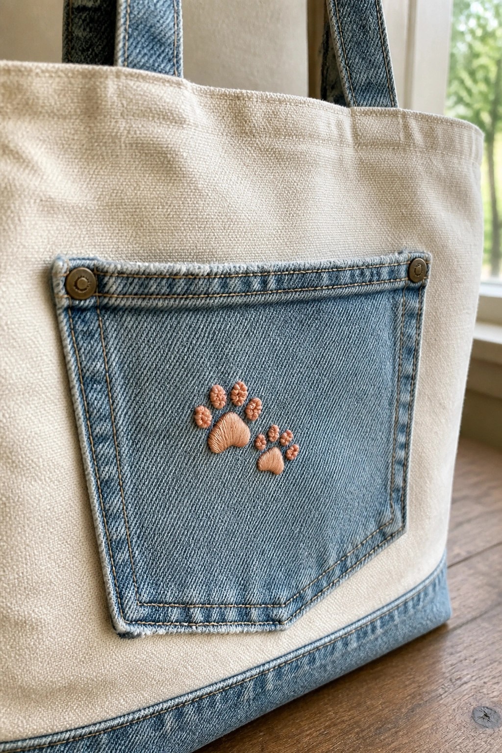 A canvas tote bag with a blue denim pocket and a light brown embroidered paw print centered on the pocket.