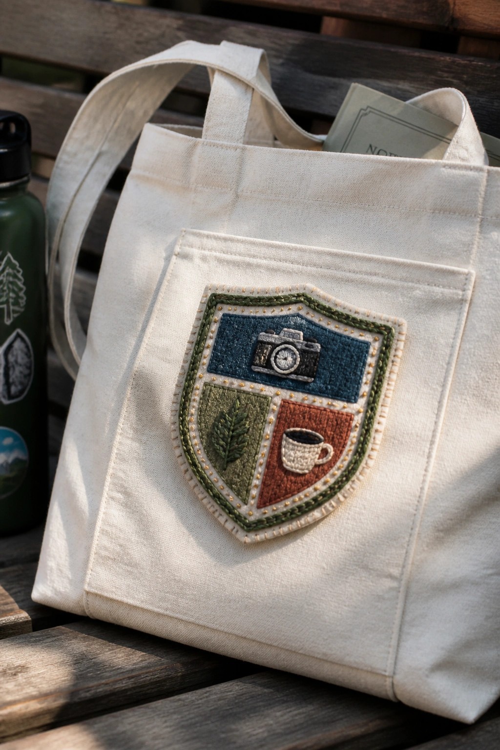 White canvas tote bag with embroidered shield patch of camera, leaf, and cup on bench