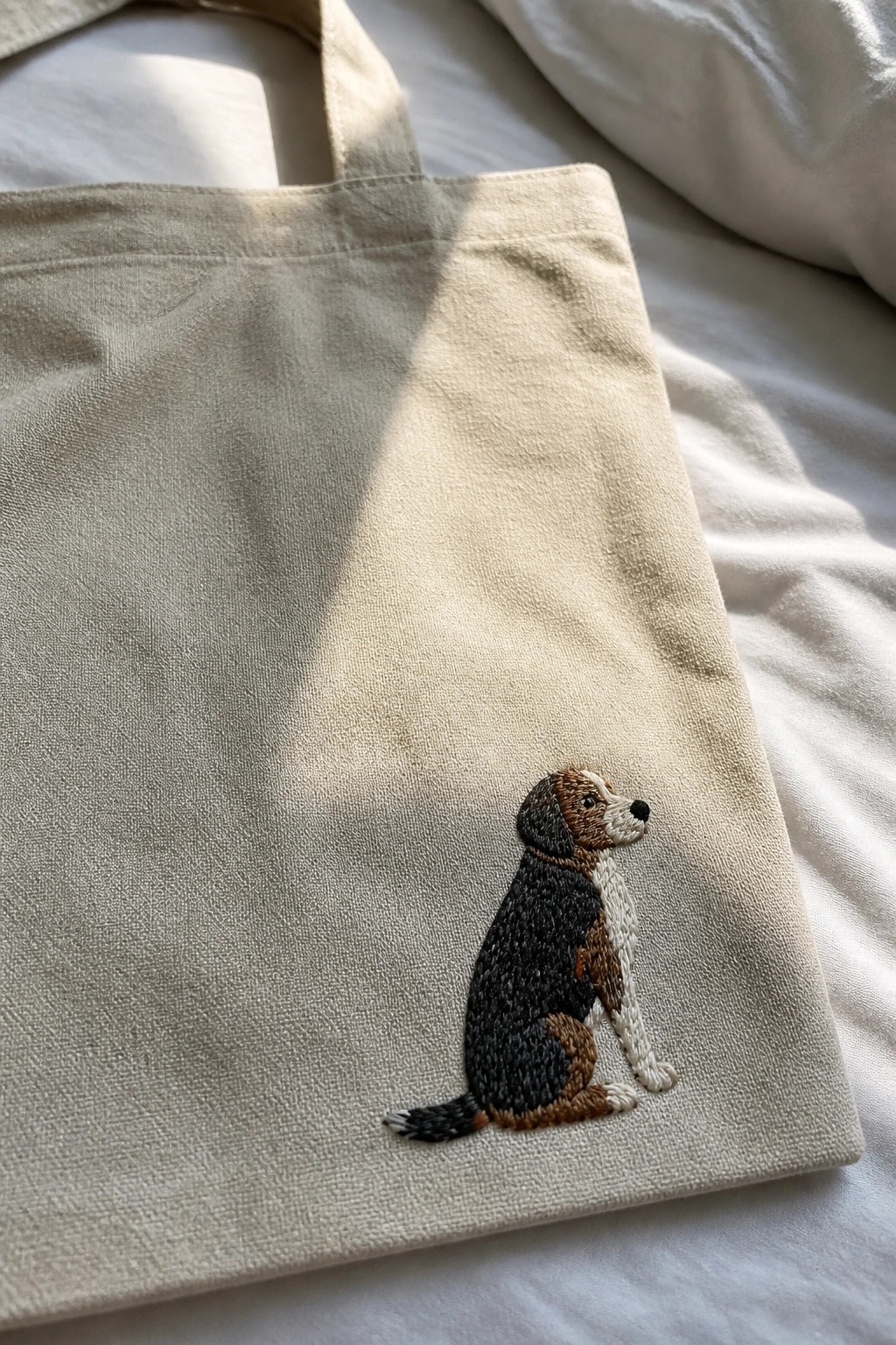 Beige canvas tote bag with a multicolored embroidered sitting dog on the lower right front.