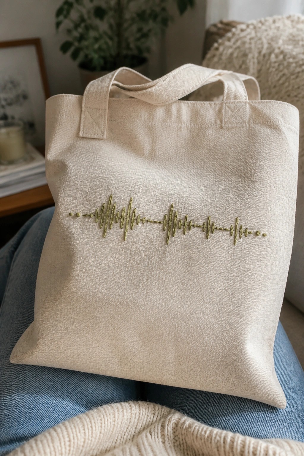 Cream tote bag with green embroidered soundwave on lap in blue jeans