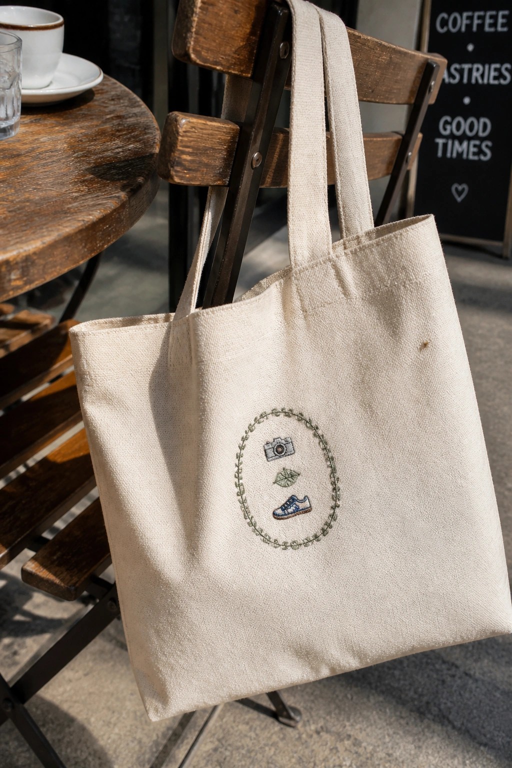 A canvas tote bag with an oval embroidery design showing a camera, leaf, and sneaker inside a leafy border.