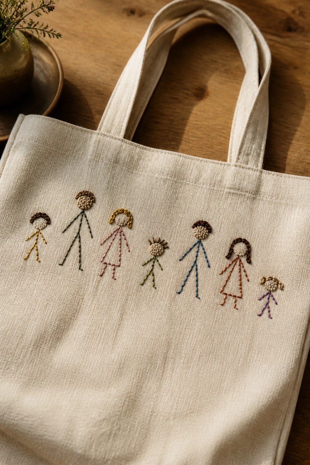 Beige canvas tote bag with colorful embroidered stick figure family on wood