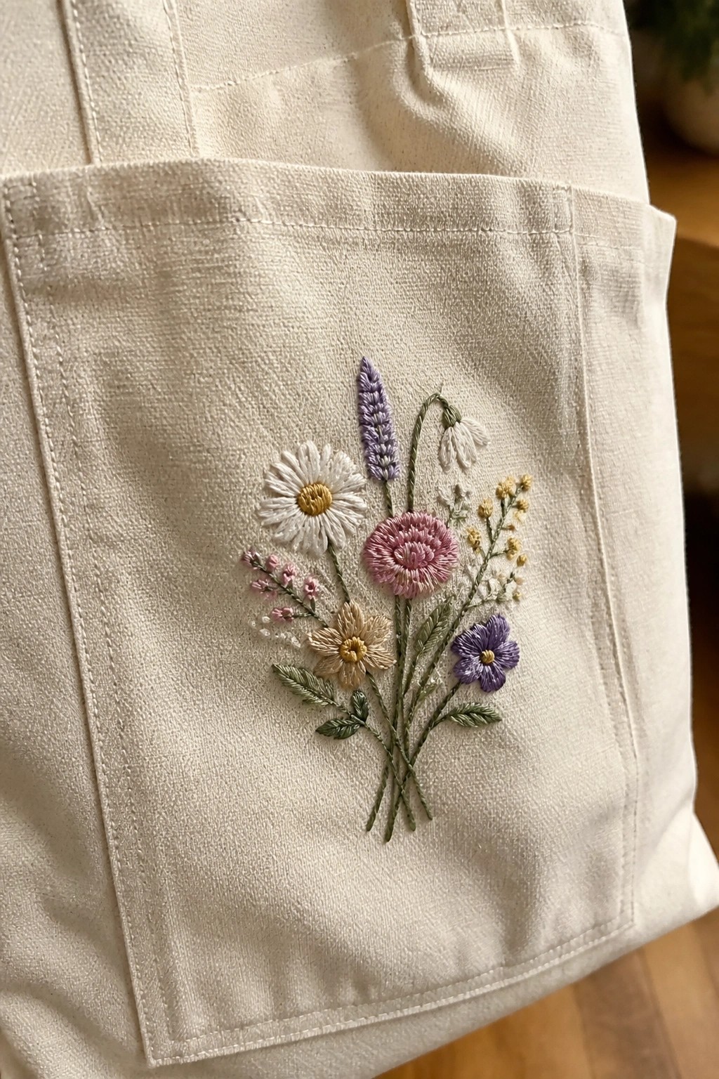 Floral embroidery of several different flowers on the pocket of a white tote bag.