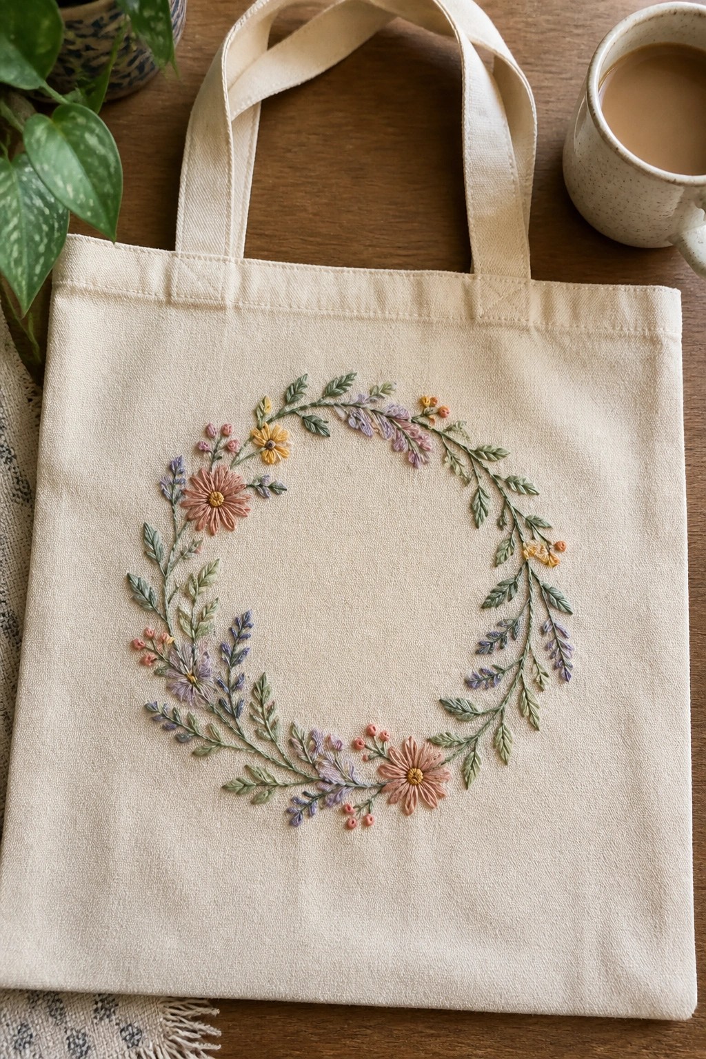 Cream tote bag embroidered with pastel floral wreath on wooden table beside coffee mug