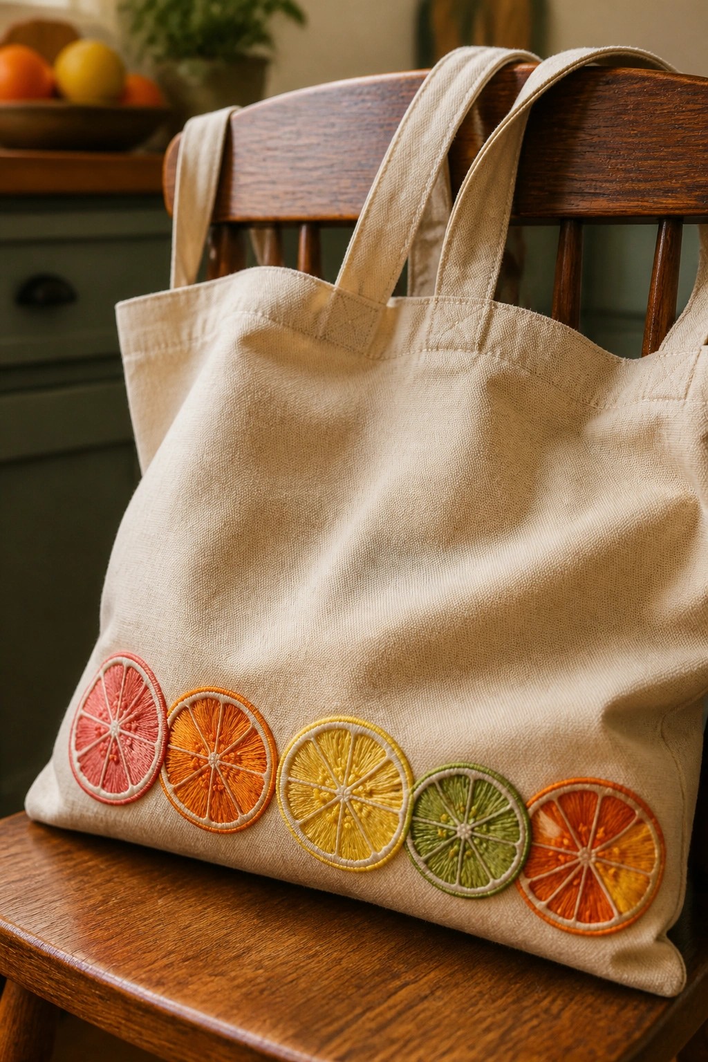 Beige canvas tote bag with colorful embroidered citrus slices on wooden chair.