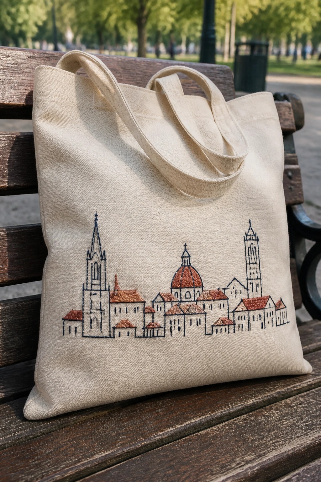 Beige canvas tote bag with embroidered city skyline on wooden park bench